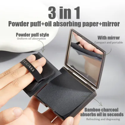 3-in-1 Oil Absorbing Paper with Puff and Mirror for Portable Facial Oil Control