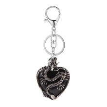 Black Obsidian Heart Antique Silver Dragon Gemstone Pendant (32x42mm) Keychain