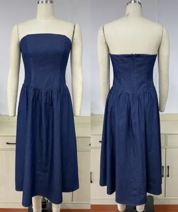 Blue Denim Wrap Waist Cinch Dress
