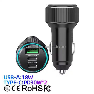 2024 OEM Wholesale Dual C & USB Port 66W PD30W Fast Car Charger with Aluminium Alloy and LED Light Ring