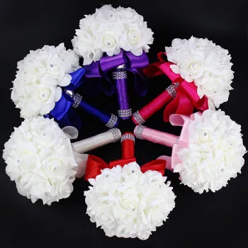 Hotsale Artificial Bouquet for Bride and Bridesmaids with Diamond Soft Ribbons - Rose Bridal Holding Flowers for Wedding