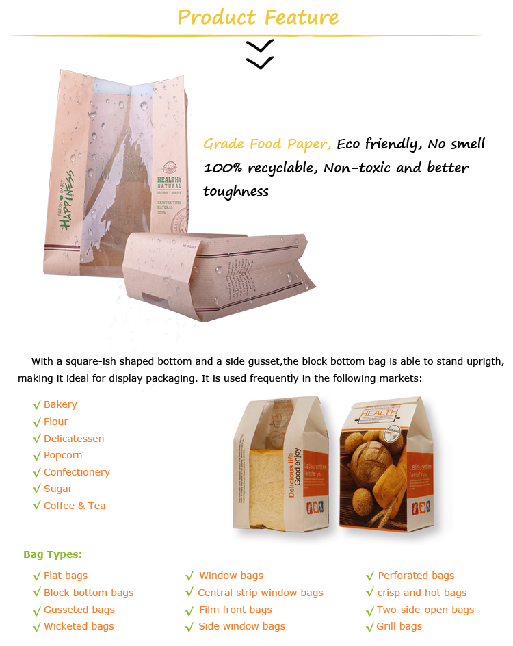 Recyclable Custom Printing Kraft Paper Bread Gusset Pouch With Clear Window 