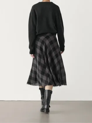 Women's French-style mature-casual full-wool checkered tweed midi skirt