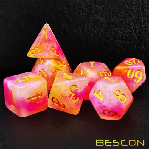 Bescon Magical Stone Dice Set Series, 7pcs Polyhedral RPG Dice Set RoseQuartz, Tinbox Set