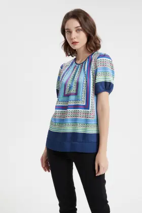 Lady round neck satin shirt blouse