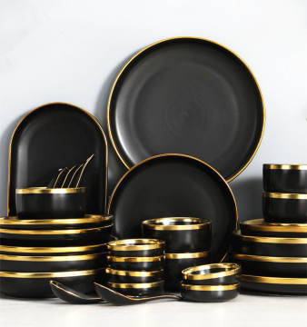Nordic Luxury Gold Rim Ceramic Dinner Set: Black Dishes, Pasta Plates & Soup Bowls