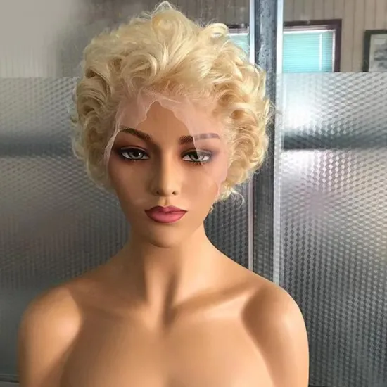 150% Density Brazilian Remy Curly Wig For Black Women Curly Brazilian Remy  Hair 13x1 Lace Wigs Short Blond Pixie Human Hair