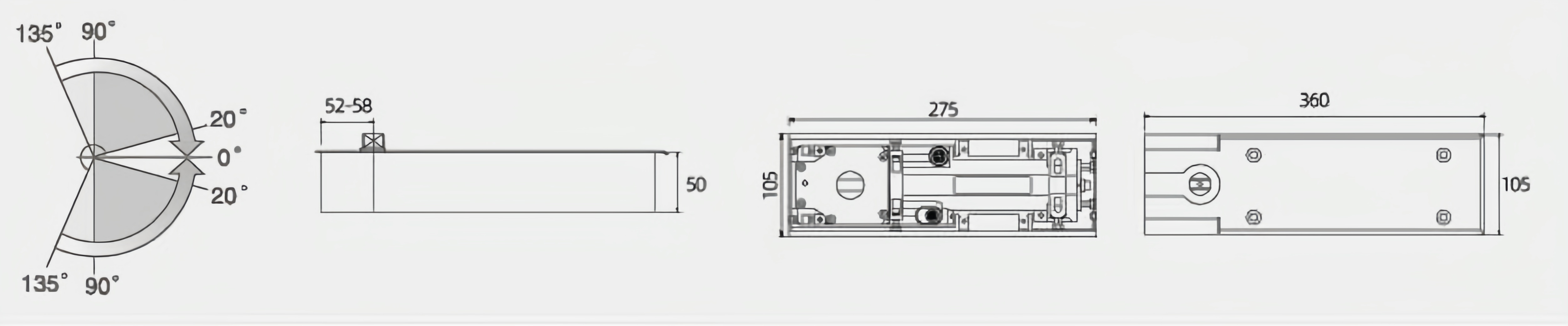 Floor spring dimensional drawing with size and opening angle reference