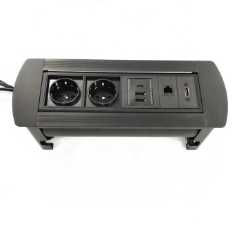 EU Type Aluminum Alloy Desktop Flip Up Outlet Socket with HDMI, USB A & Charging Ports for Office Tables