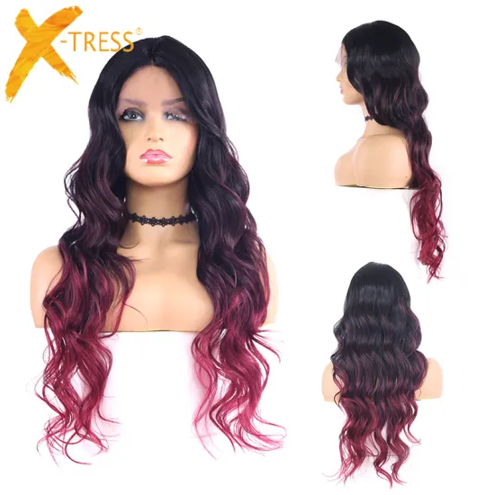 X-TRESS Wholesale 1B/99J/BURG Ombre Colored Synthetic Lace Front Wigs Long Wave Black Brown 24 Inches Hair Lace Wig For Women