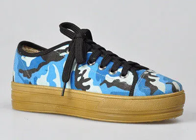 Camouflage High Womens Casual Flat Shoes , Blue And Lace-up For Walking