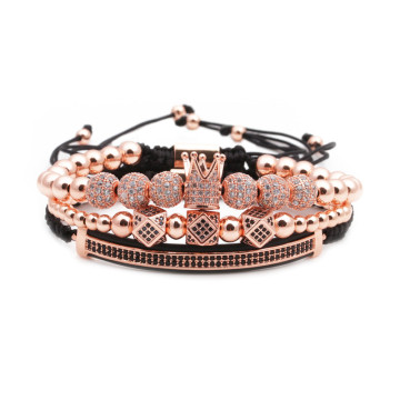 Factory Direct Luxury 3Pcs/Set Adjustable Micro Pave CZ Zircon Crown Braided Macrame Bracelet