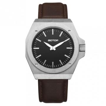 STAINLESS-STEEL MEN'S WATCH WITH BROWN LEATHER STRAP