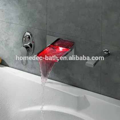 2016 popular wall mounted double handle 3 hole led lighting bathtub faucet