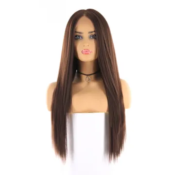 New factory Medium Brown Color Synthetic Hair Wigs Long Yaki Straight Lace Front Wig With Natural Hairline Middle Part Wigs