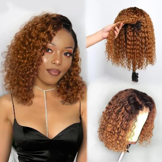 Factory Wholesale Colored Curly Bob Wigs Human Hair 1B/30, 8-16'' Brazilian Bob Lace Wig, Curly Short Bob Wigs 100% Human Hair
