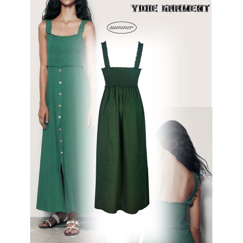 Fashion musim panas linen&#39;s linen blend slip midi gaun