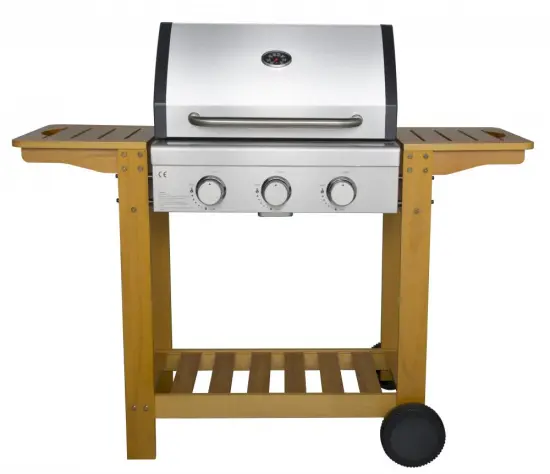 3 Burner Trolley BBQ Grill with Wooden Shelf