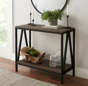 Vintage Narrow Pine Console Table with Shelves