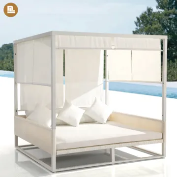Wicker Double Daybed with Sunshade and Aluminum Frame - Outdoor Rattan Daybed with Canopy