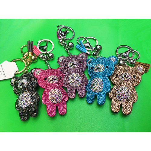 Cute Cartoon Bear Pendant Multicolor Leather Diamond Keychain