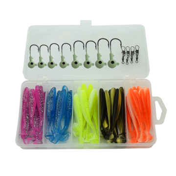 37 Pcs Box Kit: Rock & Sea Lure Fishing Lead Head Hooks & T Tail Soft Worm Grub Bait Set for Bass Fishing
