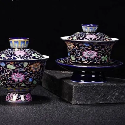 blue gold wrapped branches flowers Enamel painted pottery