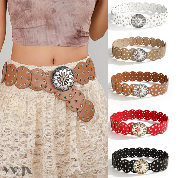 Fashionable Wide Leather Belt with Decorative Flower Buckle