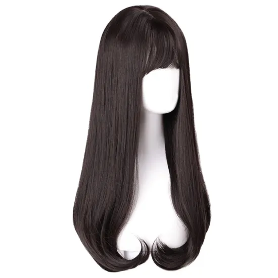 Vigorous Natural Straight Hair Wigs for Black Women Black Brown Synthetic Wigs with Blunt Bang Middle Part Heat Resistant Wig
