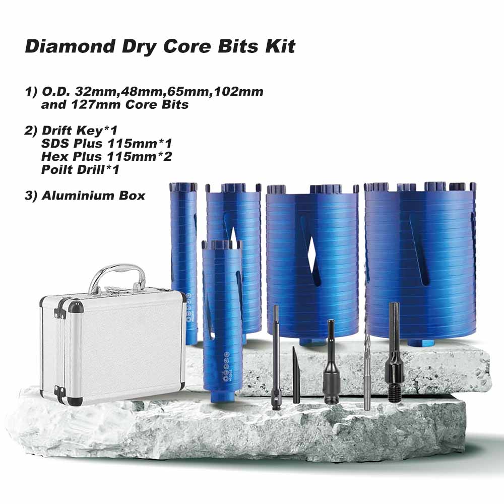Diamond Dry Core Bit Kits With SDS Hex Adapter Aluminium Case