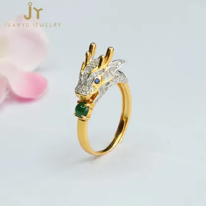 Golden Plated S925 Silver Dragon-Shaped Jadeite Rings with Green Myanmar and Natural Burma Jade