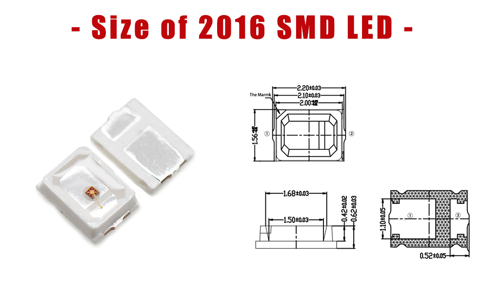 Size of 2016 LED SMD 2016FRC62D3L14 2016 SMD LED Red SMD LED 625nm LED 620nm LED