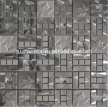 Polished stainless steel mix 13 faces diamon glass mosaic tile