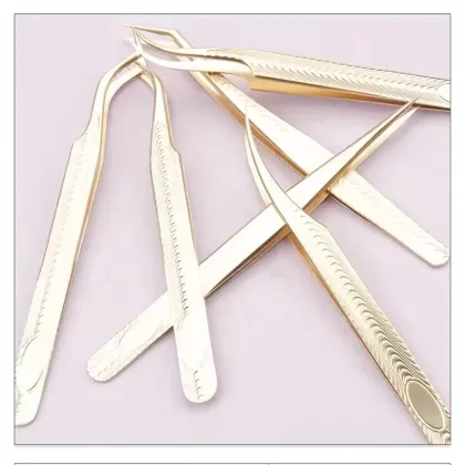 Qianya Custom Logo Eyelash Extension Tweezers Set - Gold EyeLash Tweezers with Fiber Tips