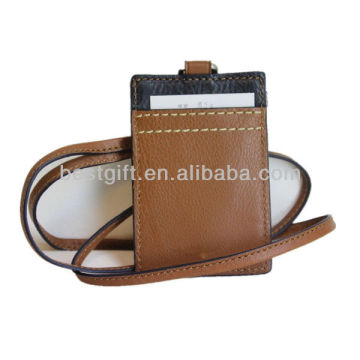 Leather ID Card Holder With Lanyard , Leather Holder Pouch