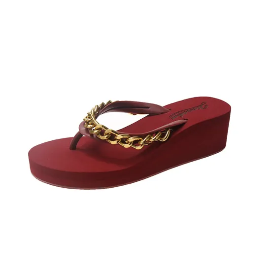 2024 Summer Metal Chain Thick-Sole Women's Outdoor Casual Beach Wedge Heels Flip Flops Slippers