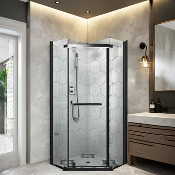 Bingkai shower bingkai aluminium hitam dengan kaca bening 5mm tempered dan pegangan bentuk berlian