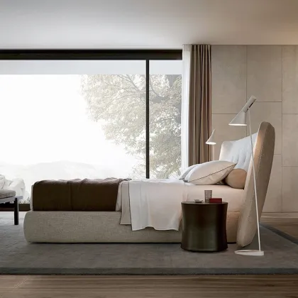 Italian Poliform Spongde Fabric and Leather Double Bed for Large Apartment or Villa Master Bedroom