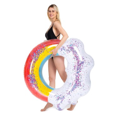 JIURAN Swimming Float Inflatable Ring Raft PVC Child Buoy Rainbow Print for Pool Parties (6-12 Years)