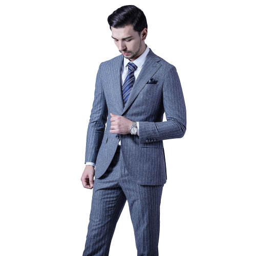 Custom Slim Fit Full Canvas Gray Striped Suit