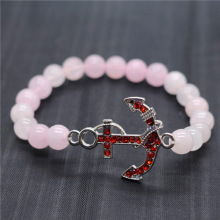 Rose Quartz 8MM Round Beads Stretch Gemstone Bracelet with Diamante anchor alloy Piece