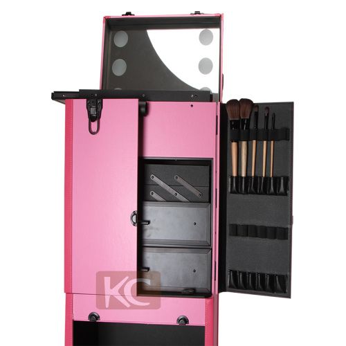 2017 new large capacity professional cosemetic station Aluminum material pink makeup case with lights and mirror
