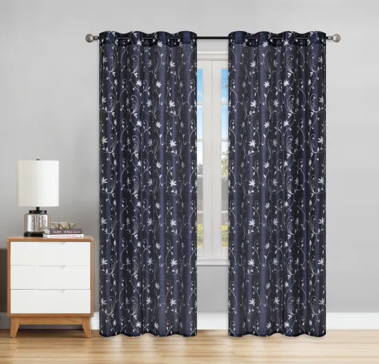 Factory Floral Embroidery Faux Silk Grommet Curtains for Living Room
