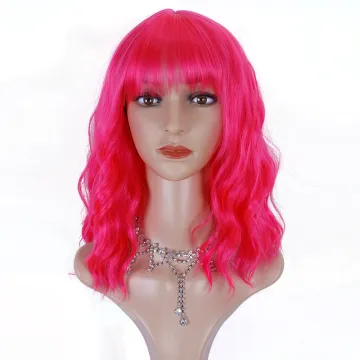 Wholesale price High Temperature Fiber Short Natural Wave Hot pink  Water Wave Synthetic Wig For Women With Flat Bangs