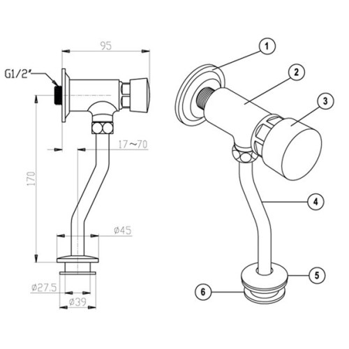 Válvula de enxágue de urinol delicada com retardo de tempo de impulso manual