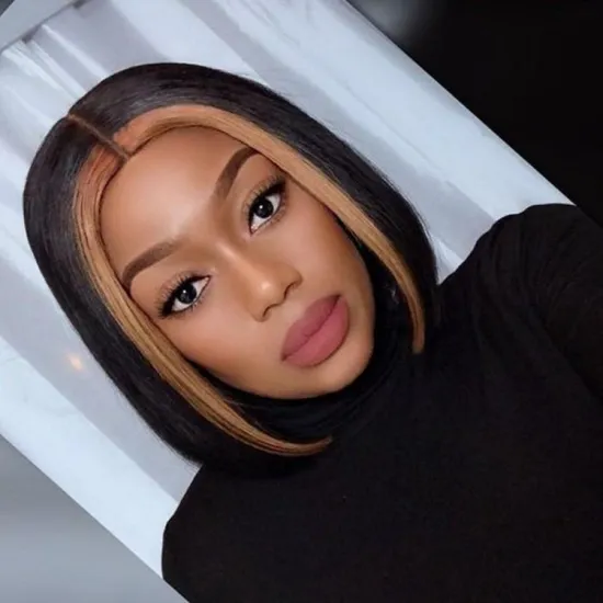 Aisi Best Swiss Lace Front Bob Cut Fiber Highlight Mixed Black Brown Short Straight Synthetic Heat Resistent Wig