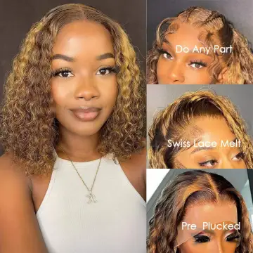 Colored Highlight Cheap Double Drawn Water Curl Human Hair Blunt Short Cut BOB Wigs 4x4 Lace Closure Front Glueless