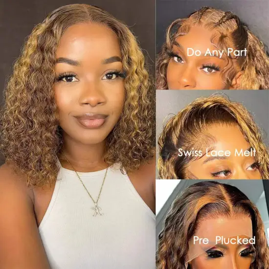 Colored Highlight Cheap Double Drawn Water Curl Human Hair Blunt Short Cut BOB Wigs 4x4 Lace Closure Front Glueless