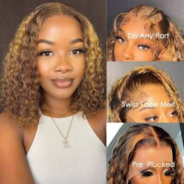 Colored Highlight Cheap Double Drawn Water Curl Human Hair Blunt Short Cut BOB Wigs 4x4 Lace Closure Front Glueless