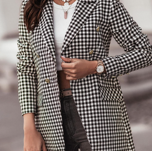 Open Front One Button Plaid Blazers